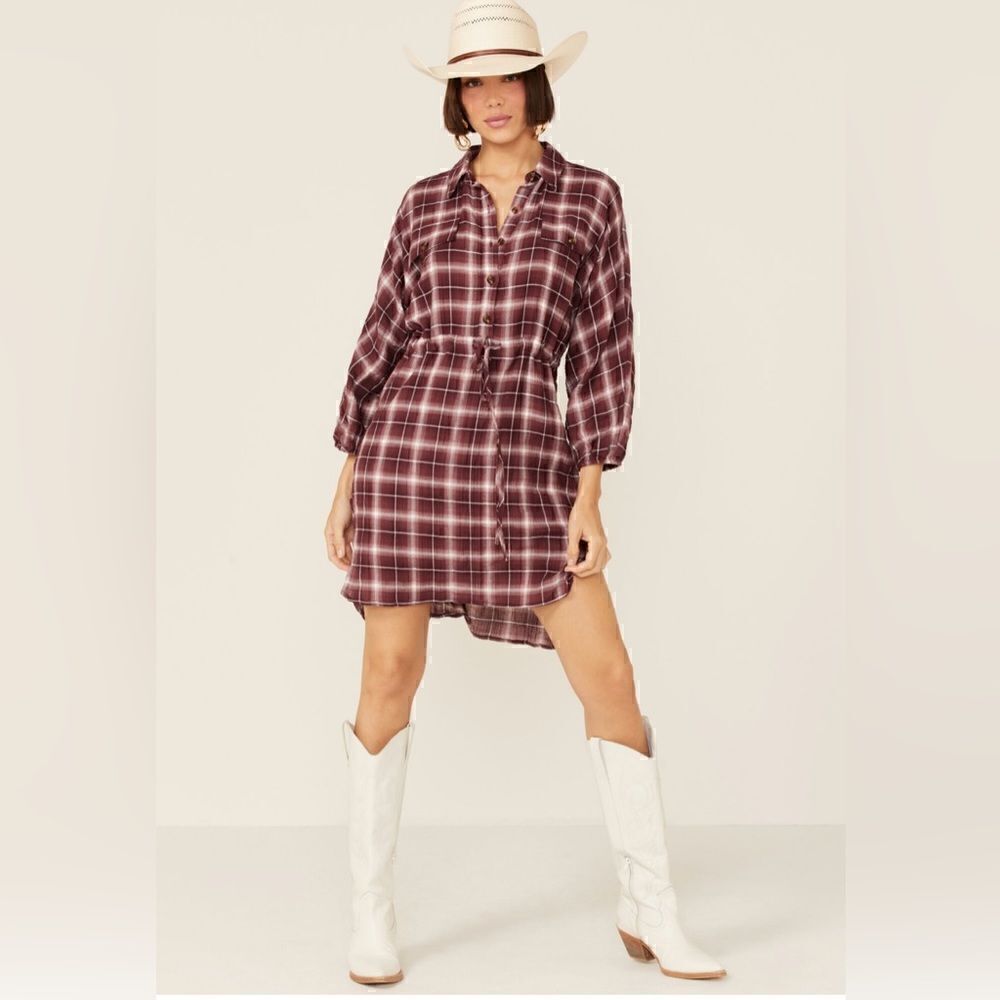 Wild Moss Women's Burgundy Long Sleeve Plaid Mini Shirt Dress M